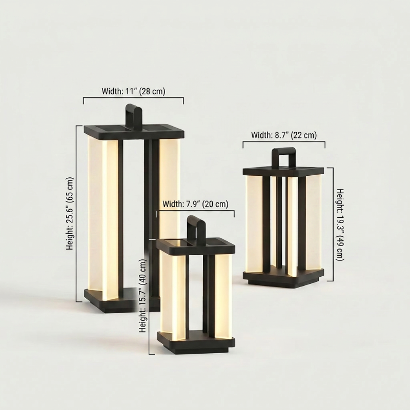 Architectural outdoor solar lantern dimensions graphic showing three sizes