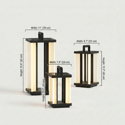 Architectural outdoor solar lantern dimensions graphic showing three sizes