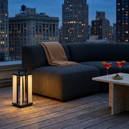 Architectural outdoor solar lantern beside rooftop lounge chair at dusk