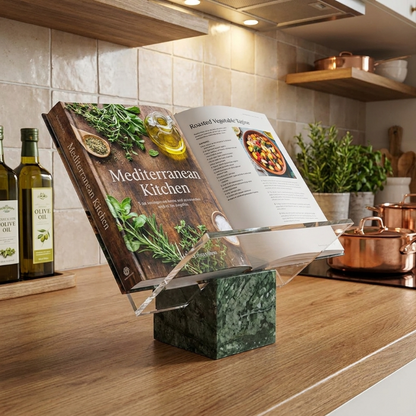 Aria marble and acrylic file holder on kitchen counter holding cookbook