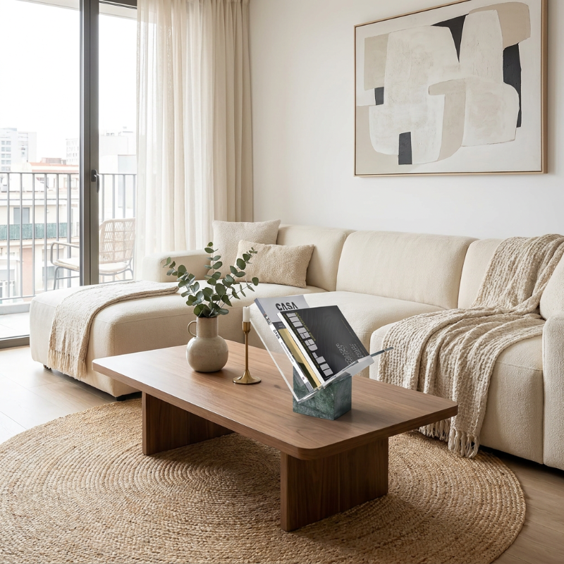 Aria marble and acrylic file holder on coffee table in bright living room