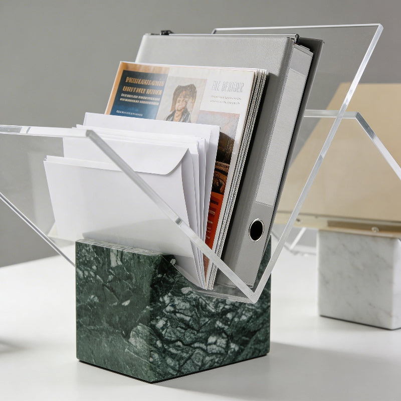 Aria marble and acrylic file holder on desk holding magazines