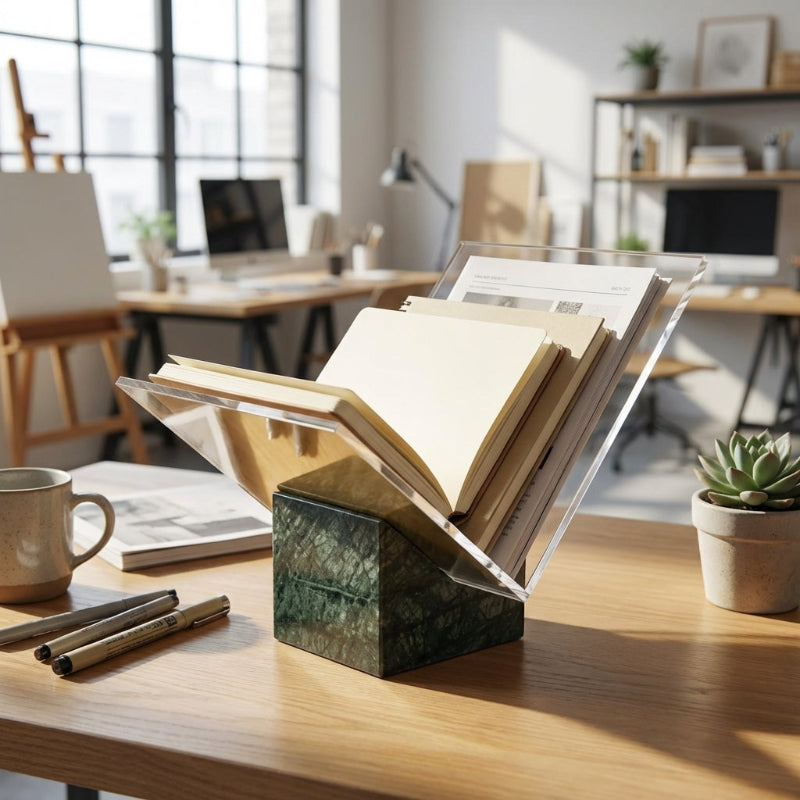 Aria marble and acrylic file holder on workspace desk with notebook