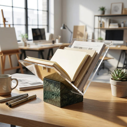Aria marble and acrylic file holder on workspace desk with notebook