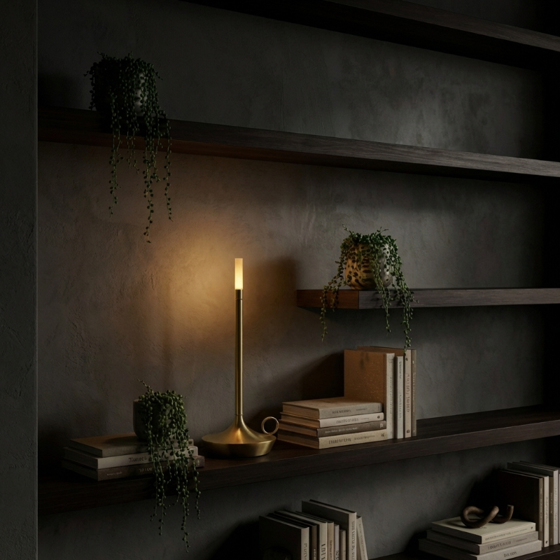Arlo cordless aluminum table lamp styled on dark shelving