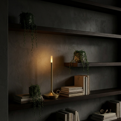 Arlo cordless aluminum table lamp styled on dark shelving