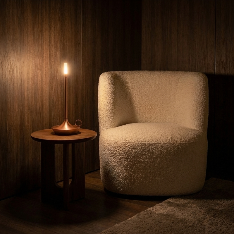 Arlo cordless aluminum table lamp beside chair in warm ambient setting