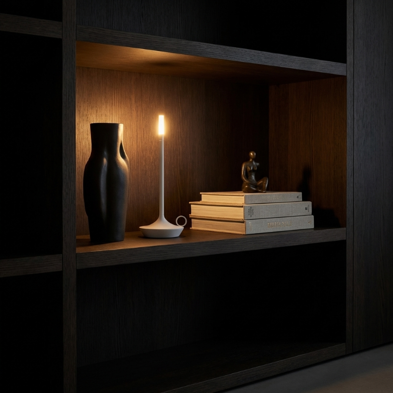 Arlo cordless aluminum table lamp on shelf in dark interior