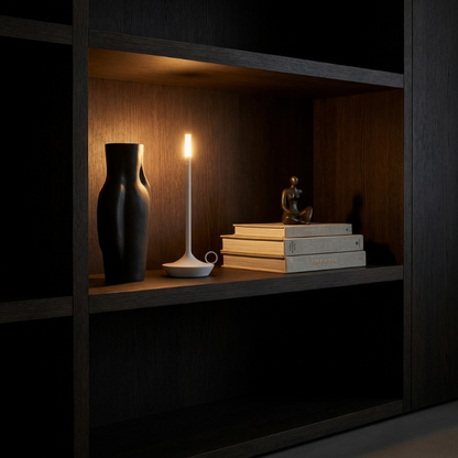 Arlo cordless aluminum table lamp on shelf in dark interior