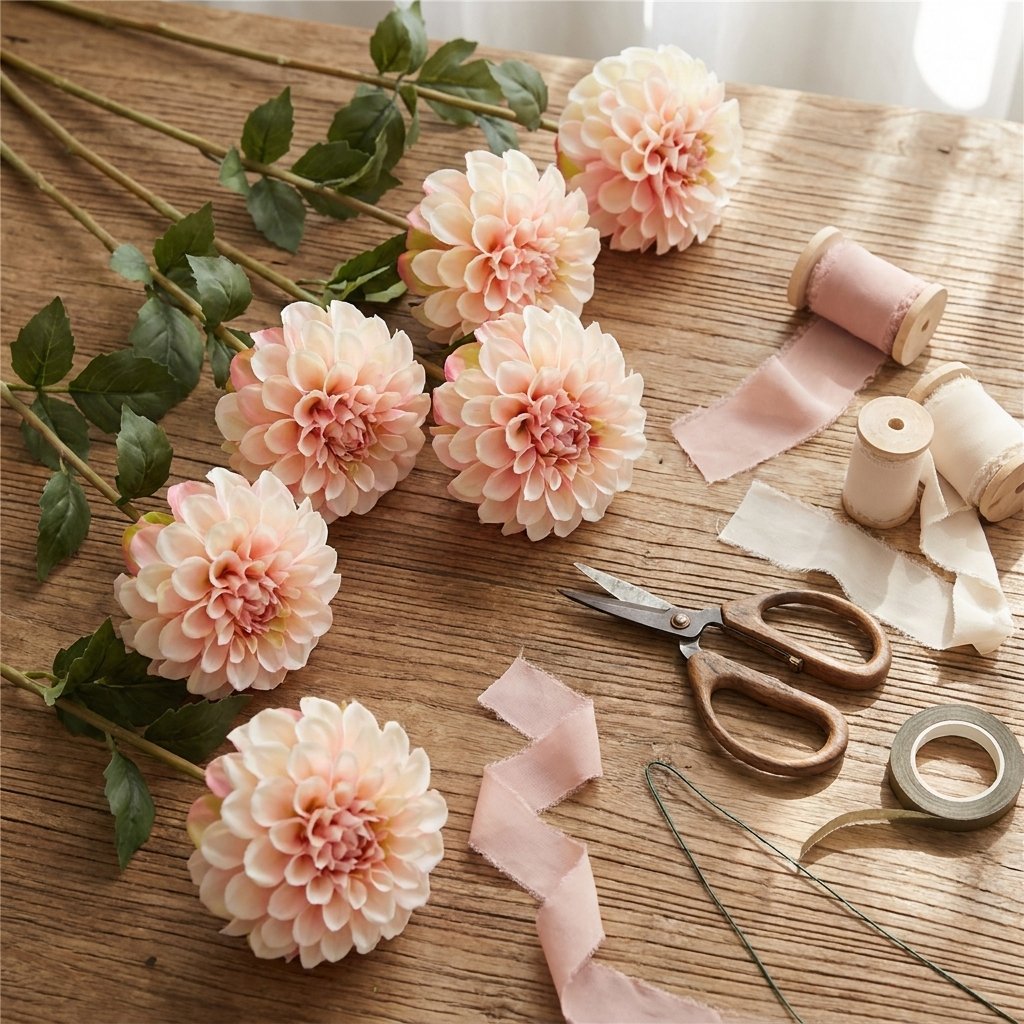 Pale pink dahlia stems styled with ribbon spools and floral scissors