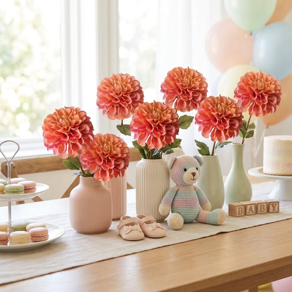 Coral dahlias in vases on a baby shower table with a teddy bear