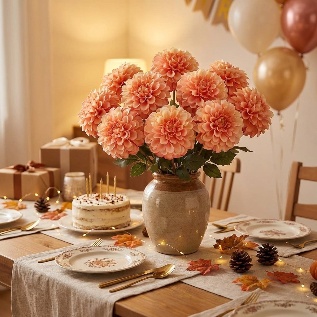 Peach dahlia bouquet in a vase beside a birthday cake and gifts