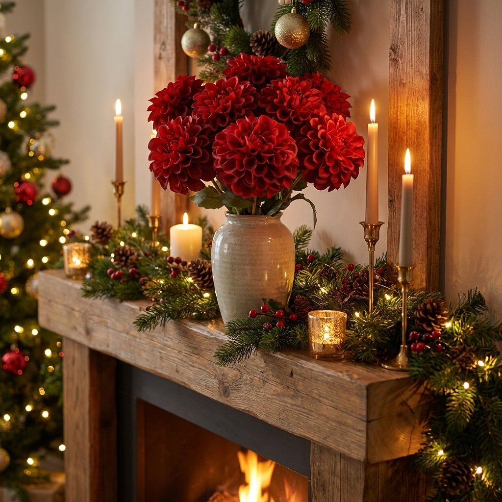 Red dahlia arrangement on a holiday mantel with garland and candles
