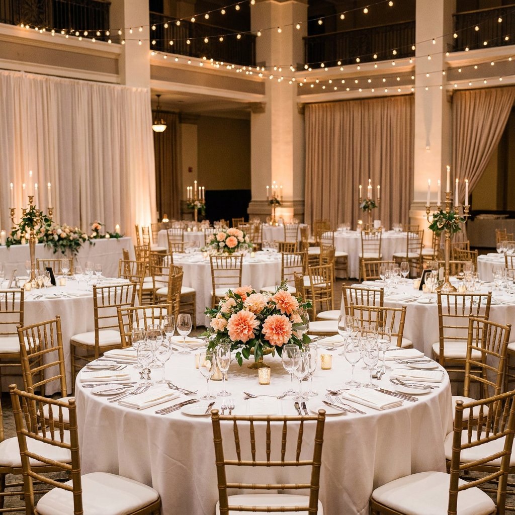 Wedding ballroom reception tables with peach dahlia centerpieces