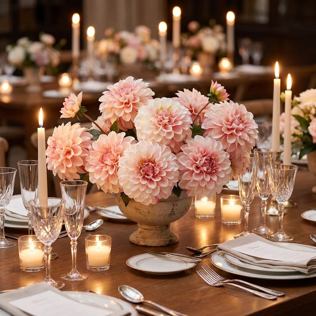 Pink dahlia centerpiece on a candlelit wedding table with crystal glassware