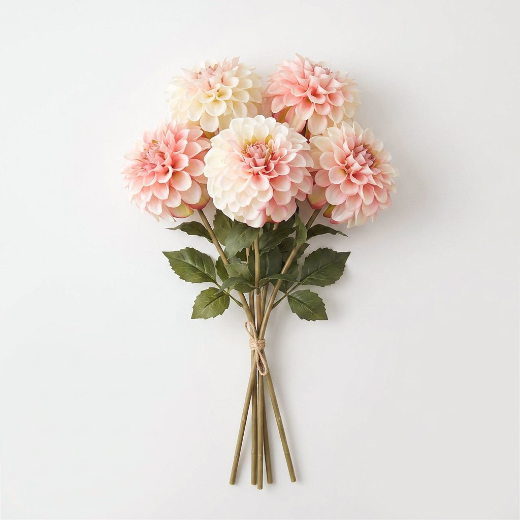 Bundle of five pale pink dahlia stems tied together on a white background