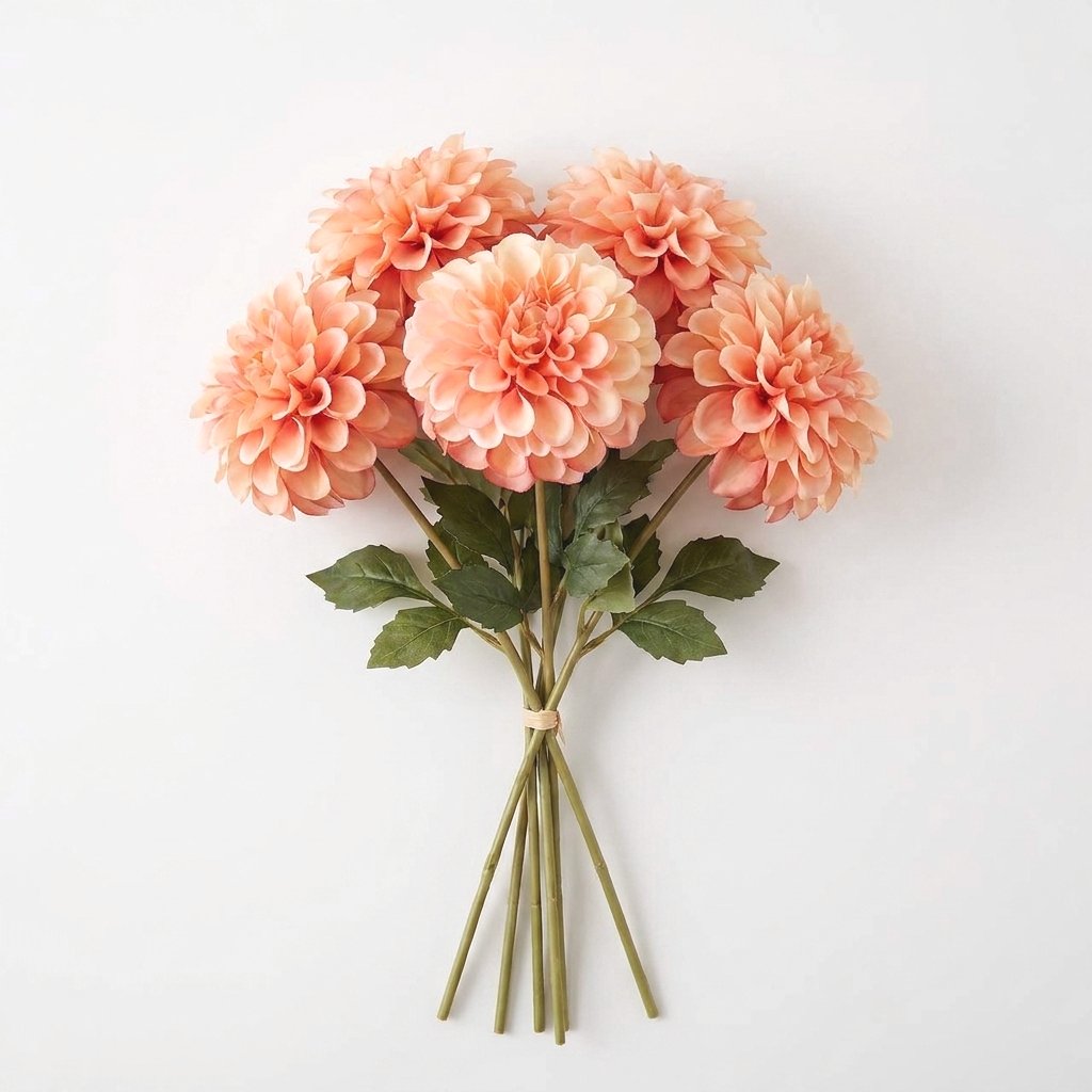 Bundle of five peach dahlia stems tied together on a white background