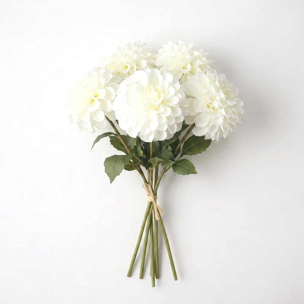 Bundle of five white dahlia stems tied together on a white background