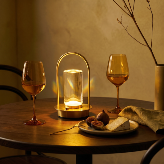 Aura portable crystal table lamp in gold on dining table with wine glass
