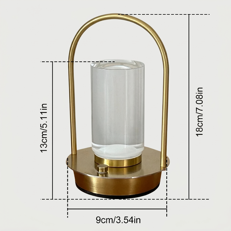 Aura portable crystal table lamp dimensions graphic on white background