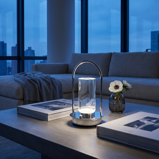 Aura portable crystal table lamp in silver on coffee table in modern living room