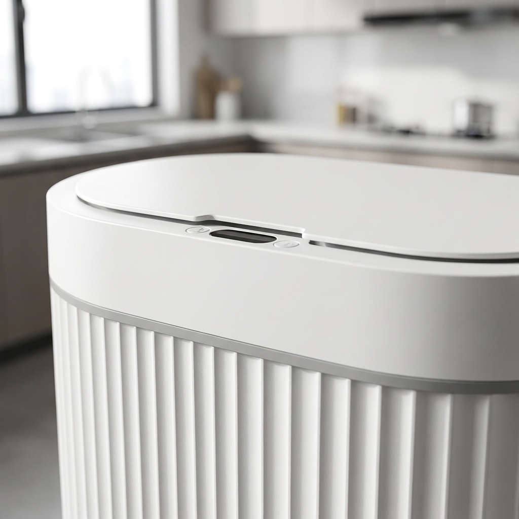 Close-up detail of the automatic smart sensor trash can lid and infrared sensor