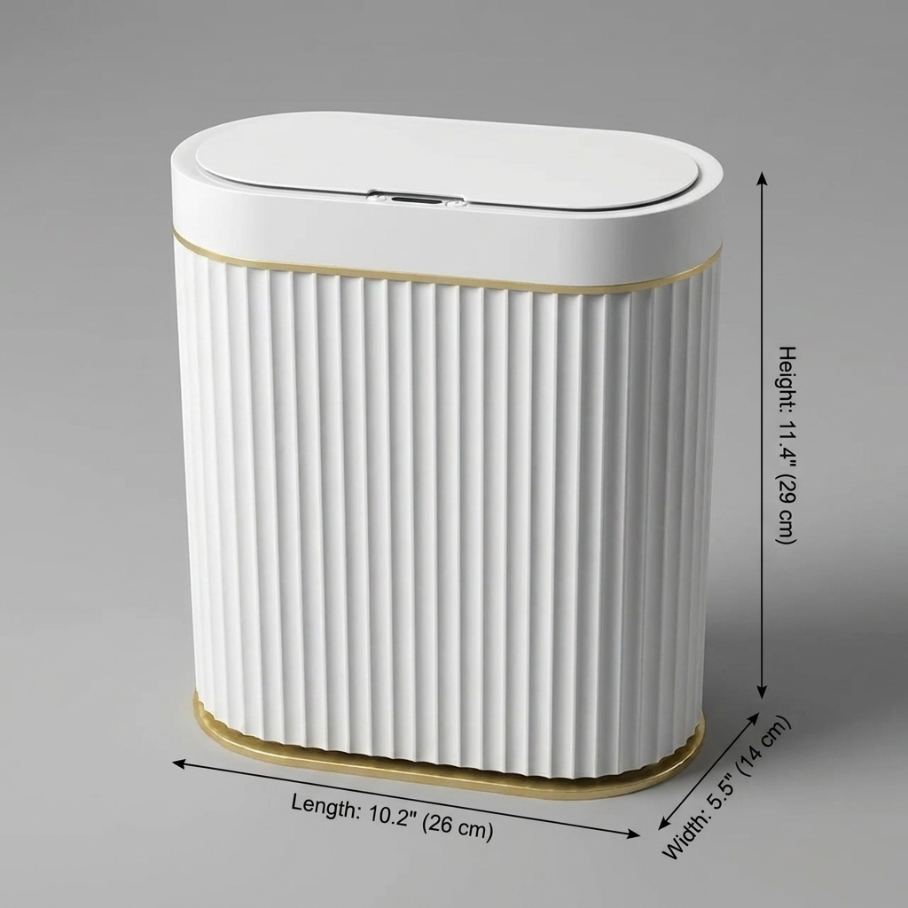 Automatic smart sensor trash can dimensions diagram showing length 10.2 in / 26 cm, width 5.5 in / 14 cm, and height 11.4 in / 29 cm