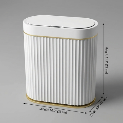 Automatic smart sensor trash can dimensions diagram showing length 10.2 in / 26 cm, width 5.5 in / 14 cm, and height 11.4 in / 29 cm