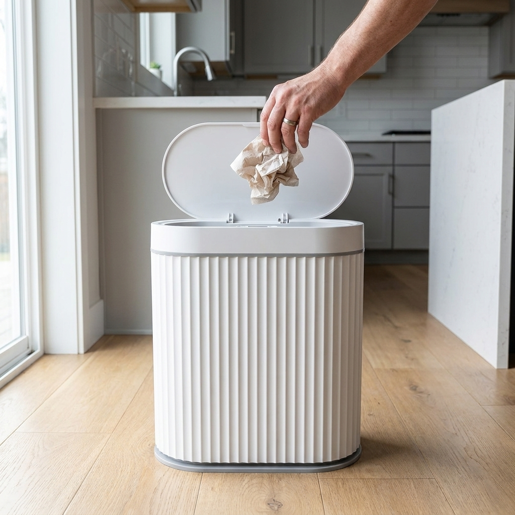 Hands dropping trash into the hands-free automatic smart sensor trash can in a kitchen