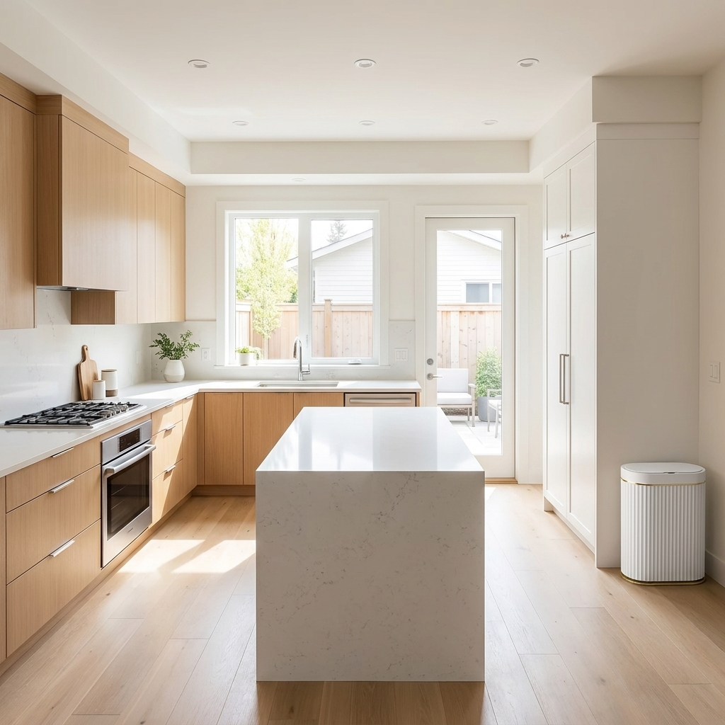 White automatic smart sensor trash can placed in a modern kitchen