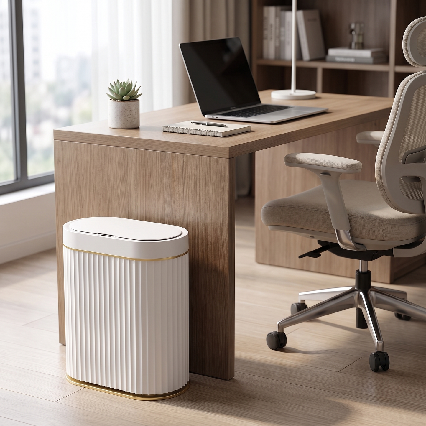 White automatic smart sensor trash can with gold trim beside a desk in a modern office
