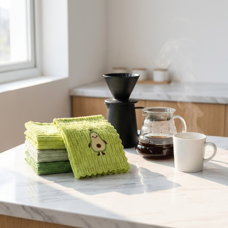 Avocado print dish towel styled on kitchen counter beside coffee maker