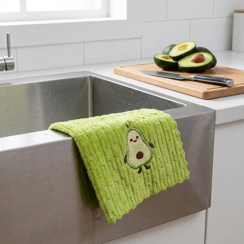 Avocado print dish towel hanging on oven handle in bright kitchen
