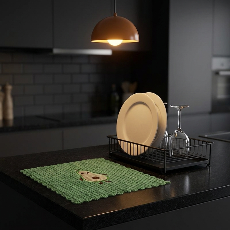 Avocado print dish towel on dark kitchen counter beside plate rack