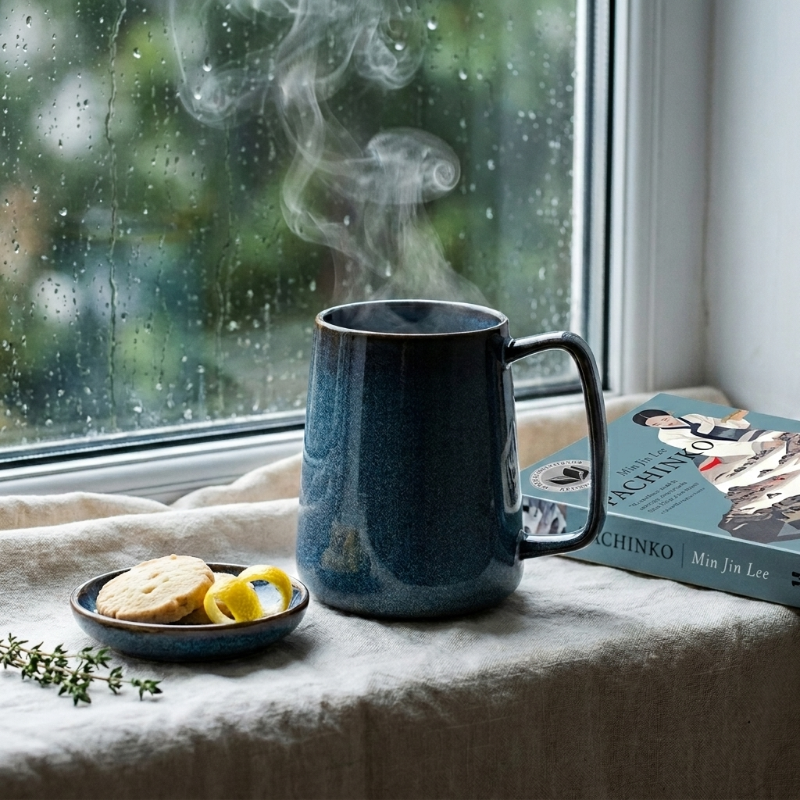 Steaming blue mug on a windowsill with a book and cookies nearby