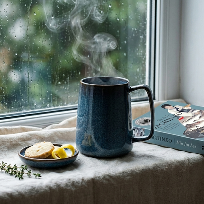Steaming blue mug on a windowsill with a book and cookies nearby