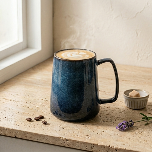 Azure blue pottery mug on tray by window with tea and dried flowers