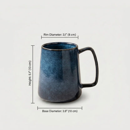 Azure blue pottery mug dimensions graphic on white background