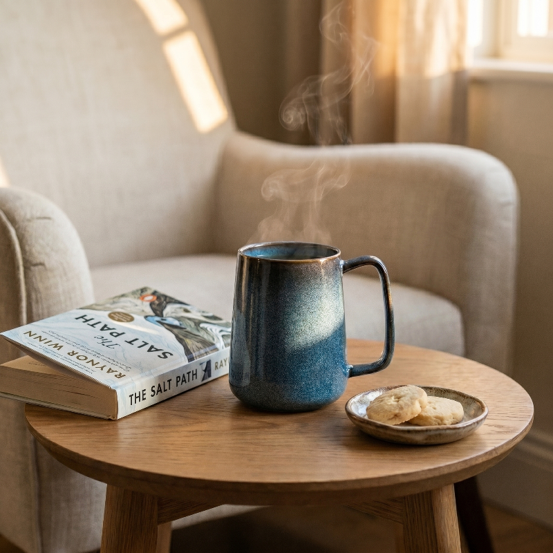 Azure blue pottery mug on round side table in cozy living room