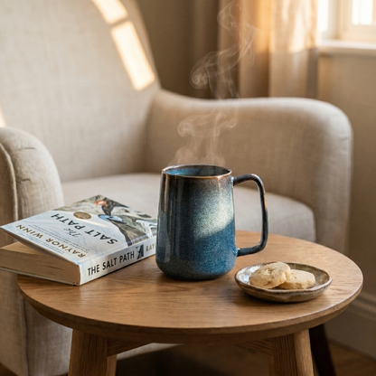 Azure blue pottery mug on round side table in cozy living room