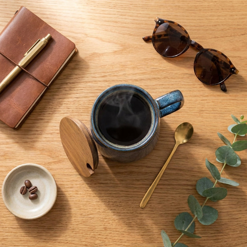 Azure blue pottery mug on wooden desk beside notebook and pen