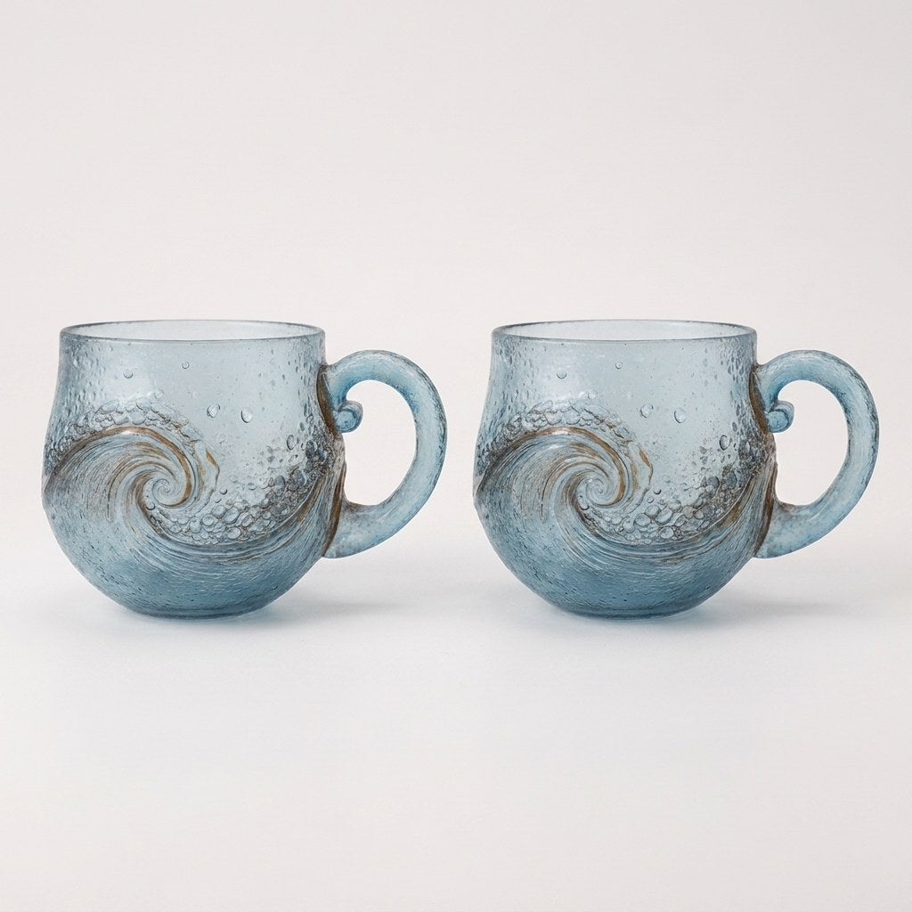 Pair of beach sea glass wave mugs with blue wave texture, Kiyo Home