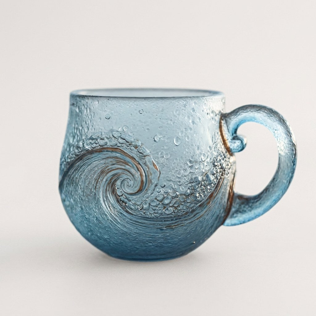 Beach sea glass wave mug with a blue rippled wave texture, Kiyo Home