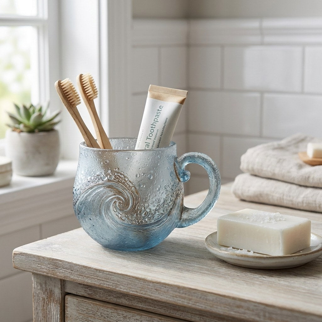 Beach sea glass wave mug holding brushes on a bathroom counter, Kiyo Home