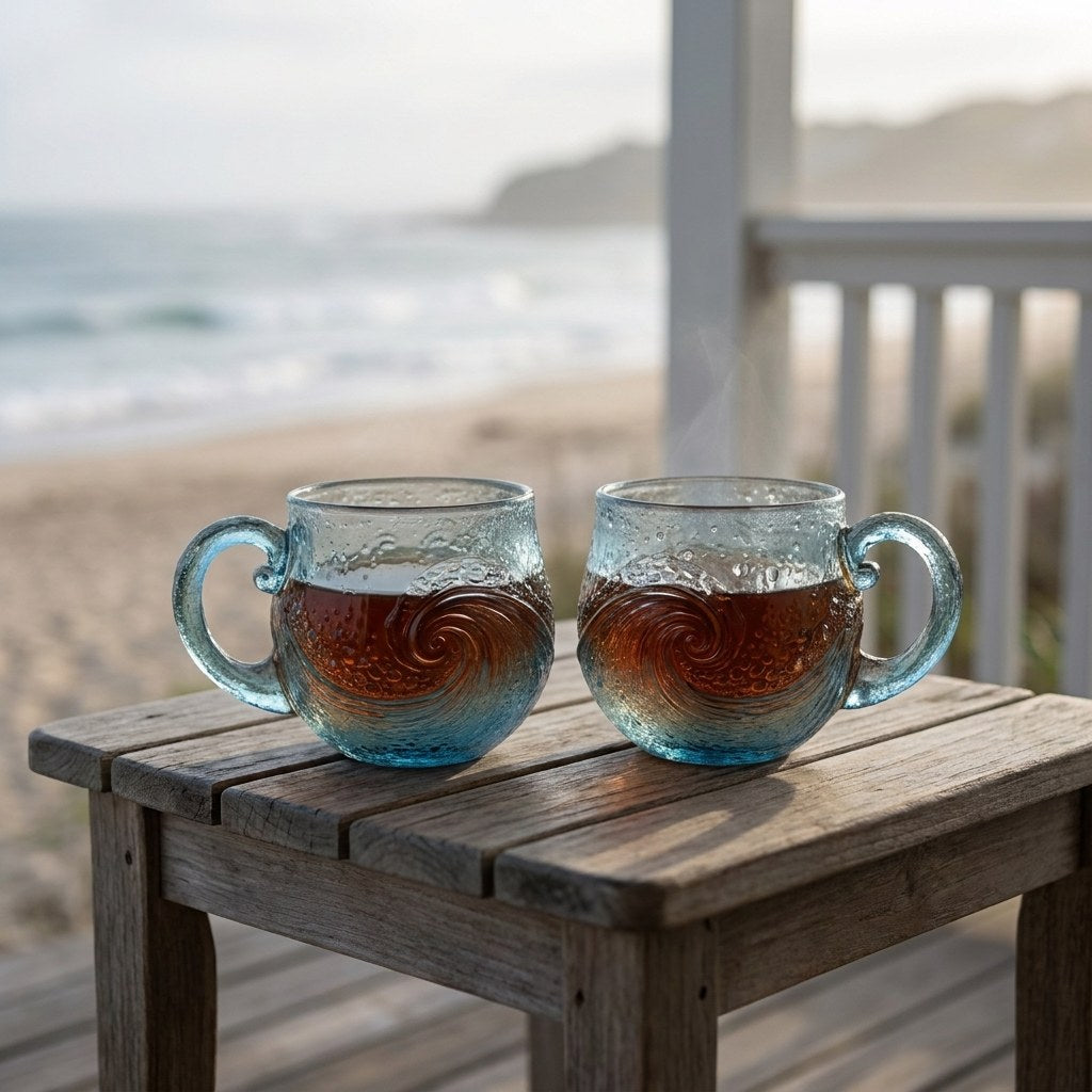 Two beach sea glass wave mugs with coffee on a beach table, Kiyo Home