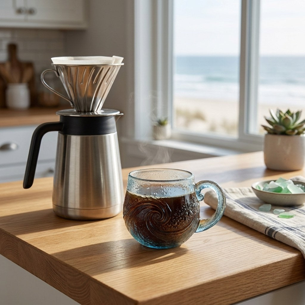 Beach sea glass wave mug with coffee on a kitchen counter with an ocean view, Kiyo Home