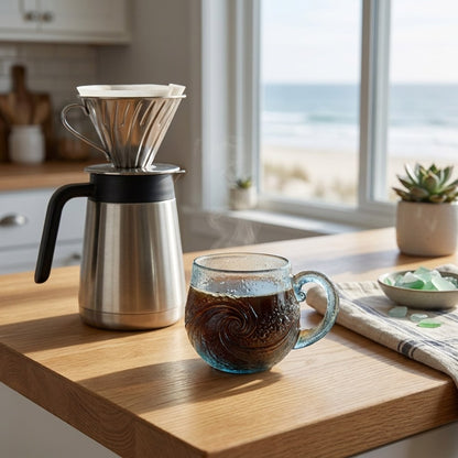 Beach sea glass wave mug with coffee on a kitchen counter with an ocean view, Kiyo Home