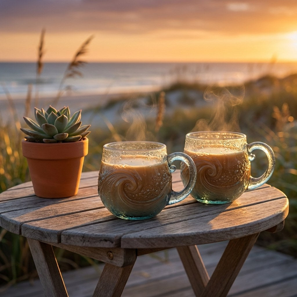 Two beach sea glass wave mugs on a table at a beach sunset, Kiyo Home