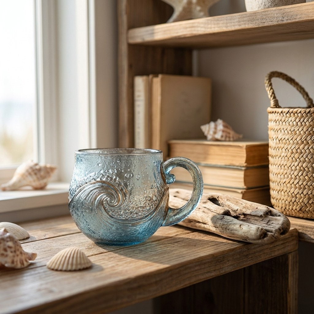 Beach sea glass wave mug on a windowsill shelf with seashells, Kiyo Home