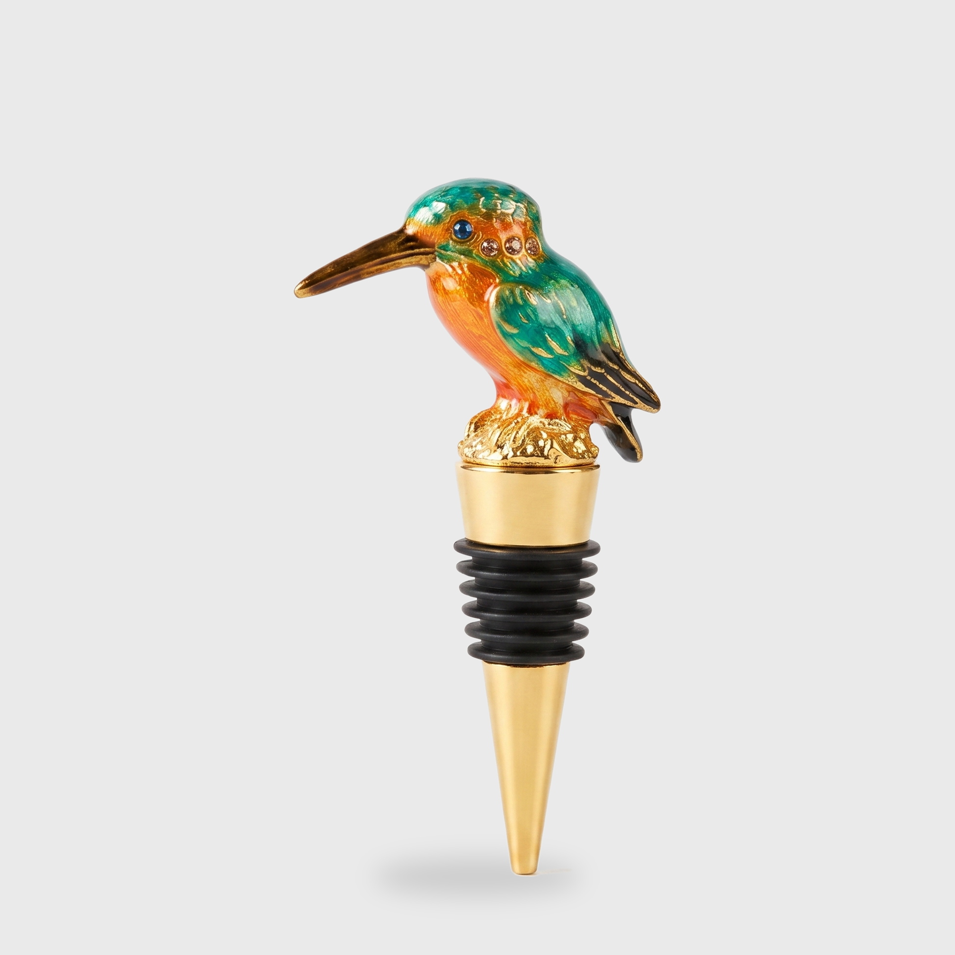 Kingfisher enamel bird wine bottle stopper with a gold finish on a clean off-white background